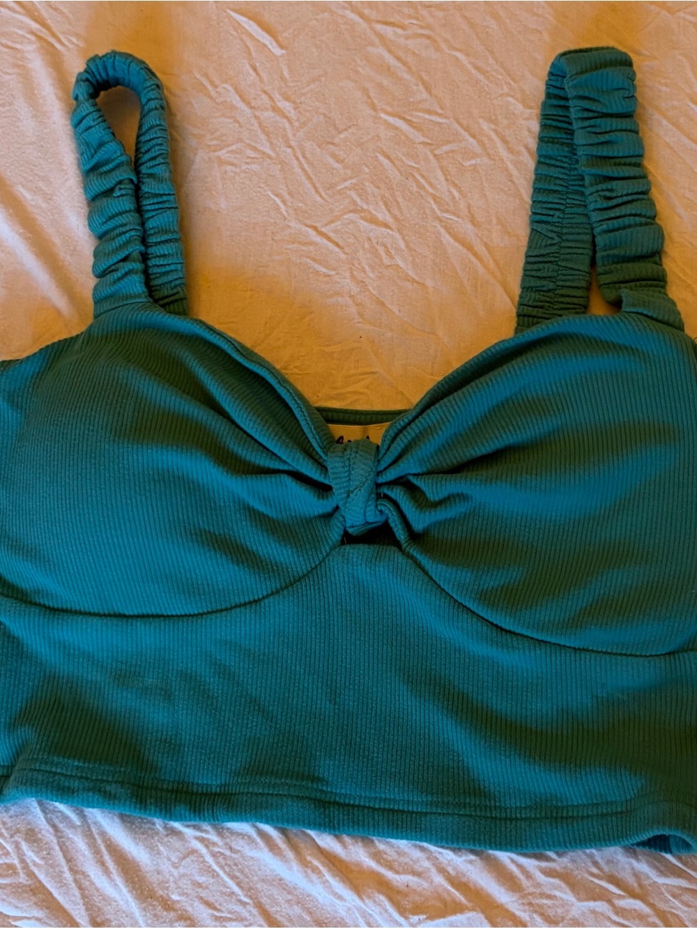 Listicle Teal Ribbed Crop Top with Ruched Straps
